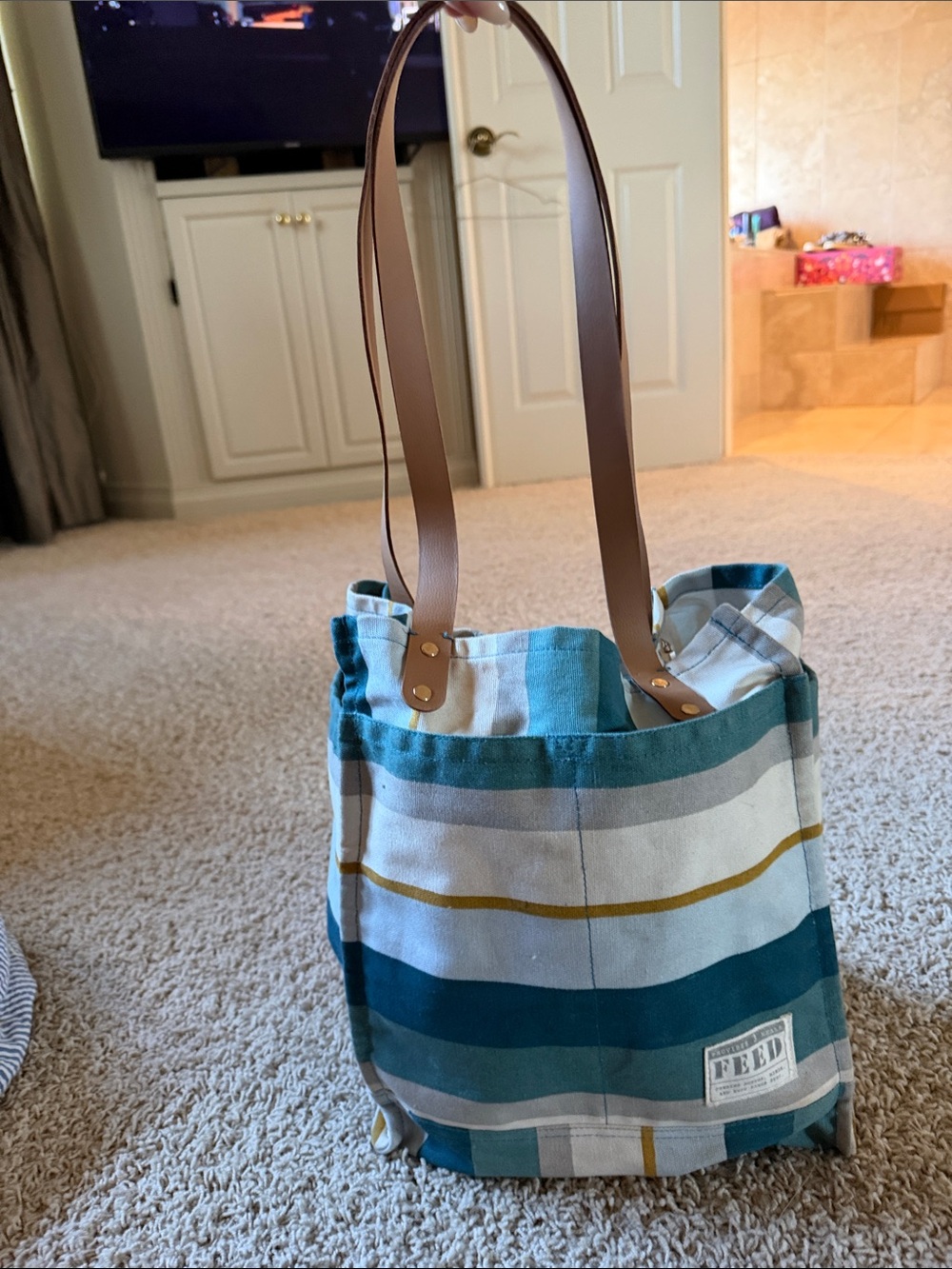 FEED Canvas Stripe Tote Bag in Teal and White with Brown Straps